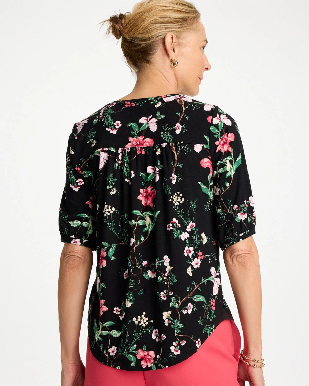 Chico's Kyoto Shirred Elbow Sleeve Tee Black