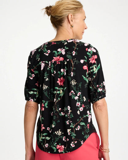 Chico's Kyoto Shirred Elbow Sleeve Tee Black