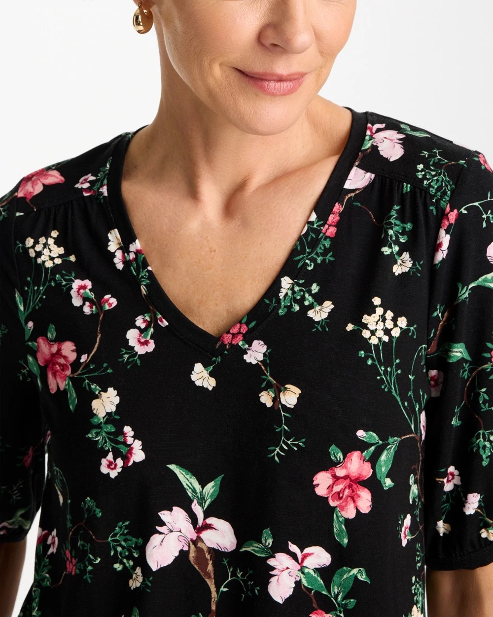 Chico's Kyoto Shirred Elbow Sleeve Tee Black