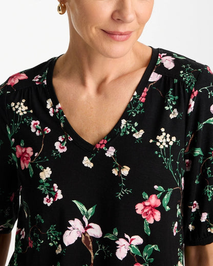 Chico's Kyoto Shirred Elbow Sleeve Tee Black