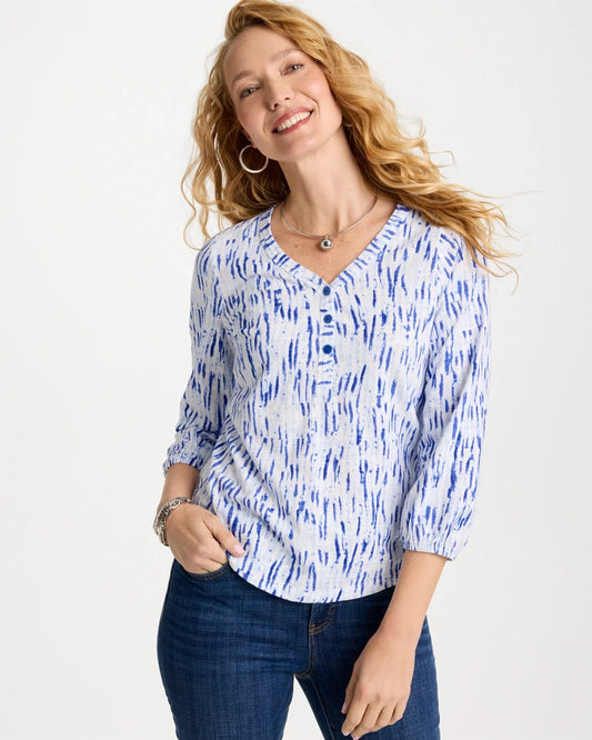 Chico's Printed Puff Sleeve Slub Henley Amparo Blue
