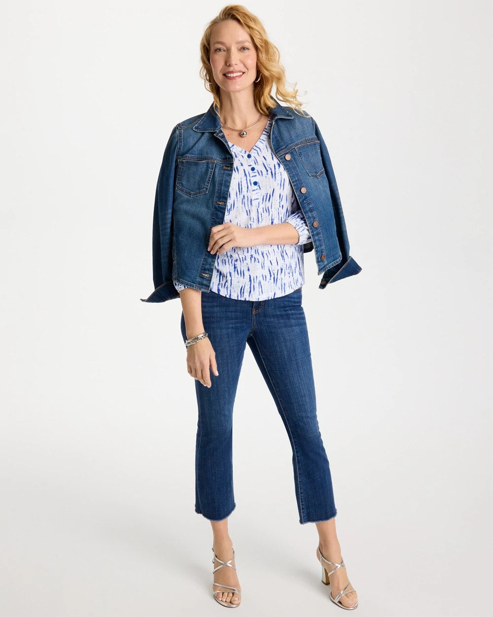 Chico's Printed Puff Sleeve Slub Henley Amparo Blue