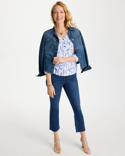 Chico's Printed Puff Sleeve Slub Henley Amparo Blue