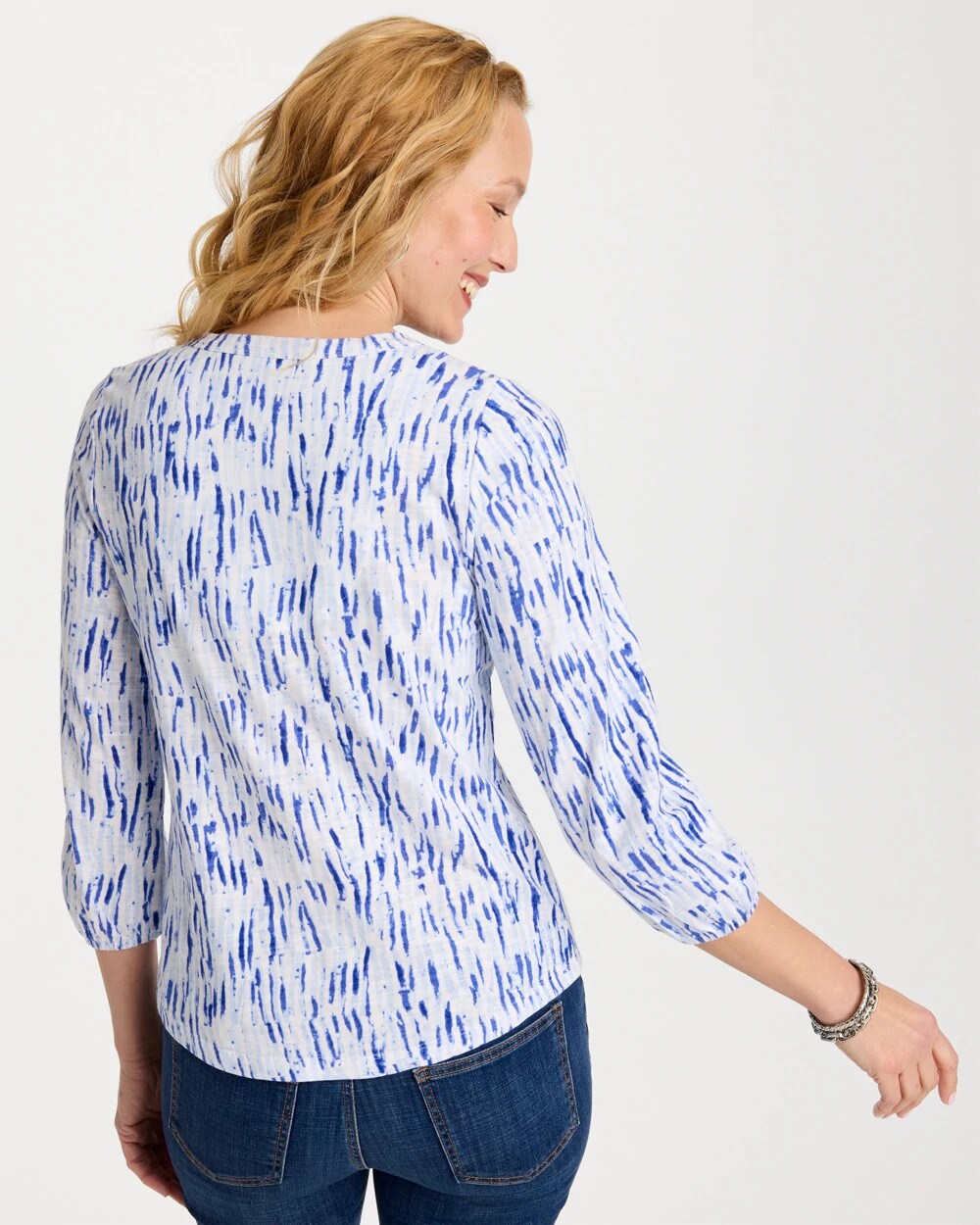 Chico's Printed Puff Sleeve Slub Henley Amparo Blue