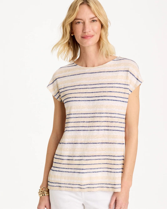 Chico's Striped Linen Dolman Tee Passport Blue