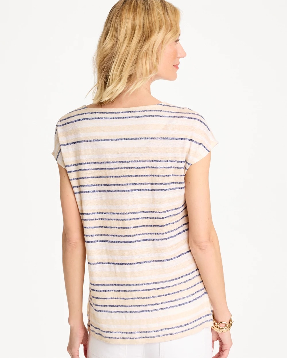 Chico's Striped Linen Dolman Tee Passport Blue