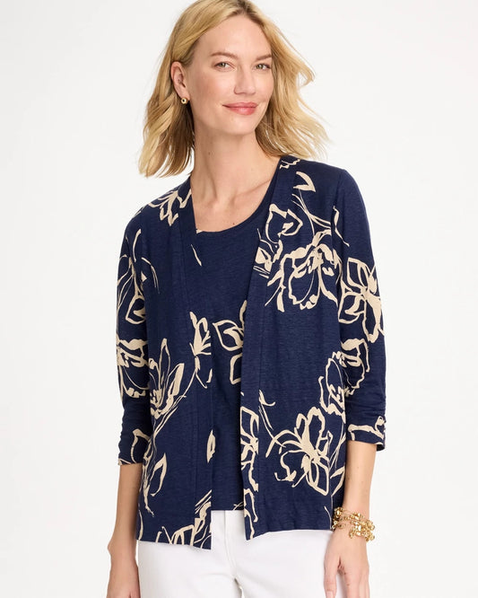 Chico's Floral Linen Open Front Cardigan Passport Blue