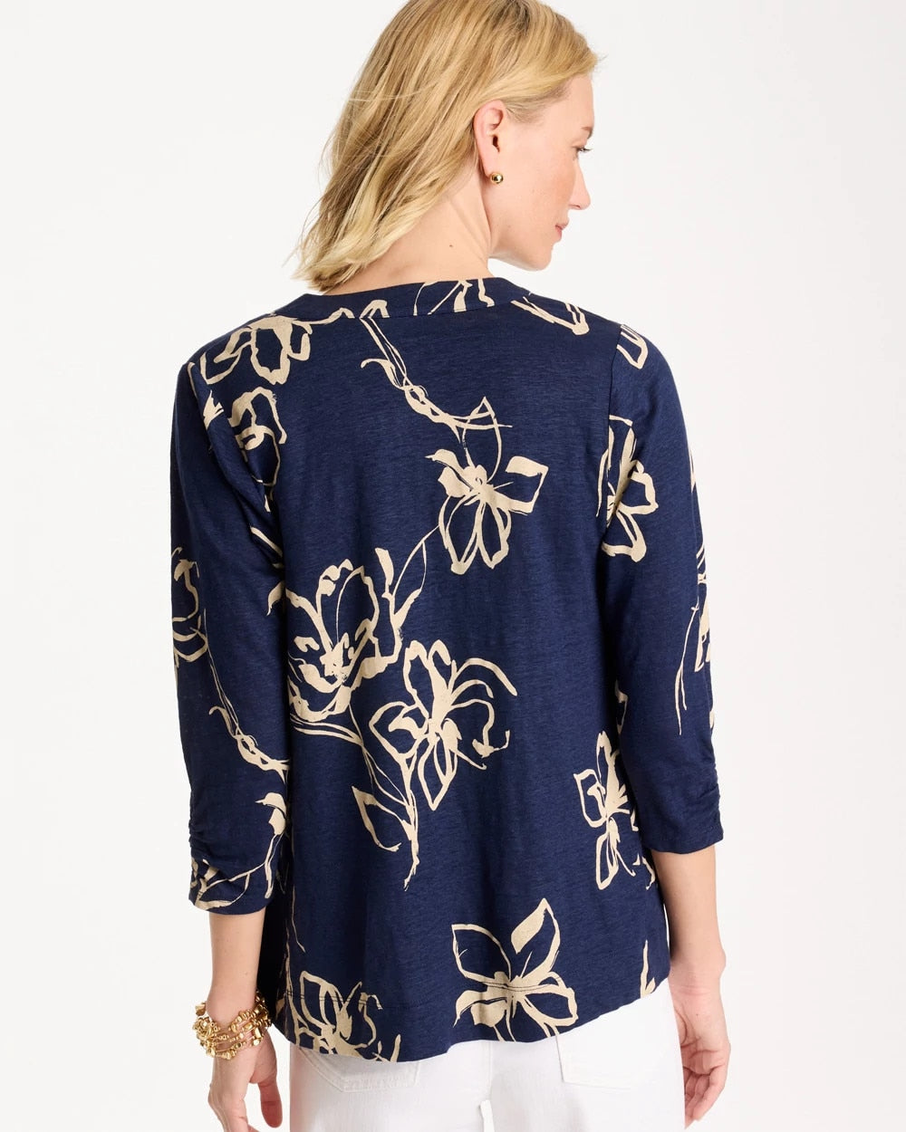 Chico's Floral Linen Open Front Cardigan Passport Blue