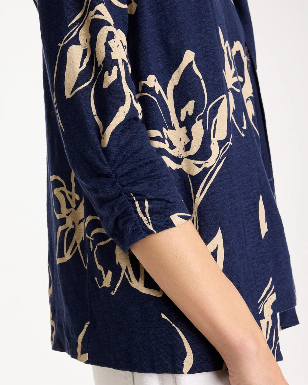 Chico's Floral Linen Open Front Cardigan Passport Blue