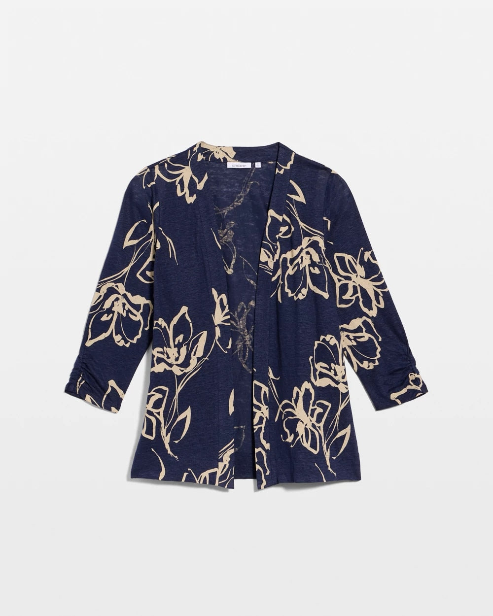 Chico's Floral Linen Open Front Cardigan Passport Blue