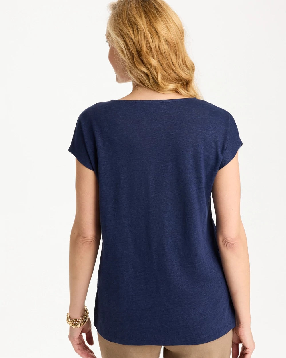 Chico's Embroidered Linen Dolman Tee Passport Blue