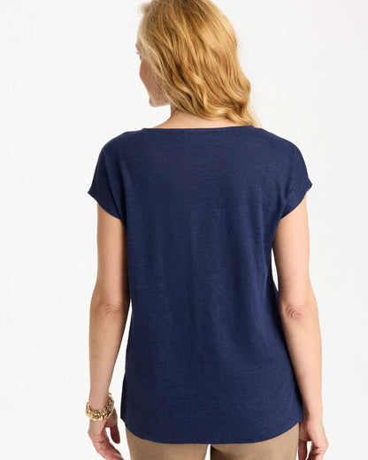 Chico's Embroidered Linen Dolman Tee Passport Blue