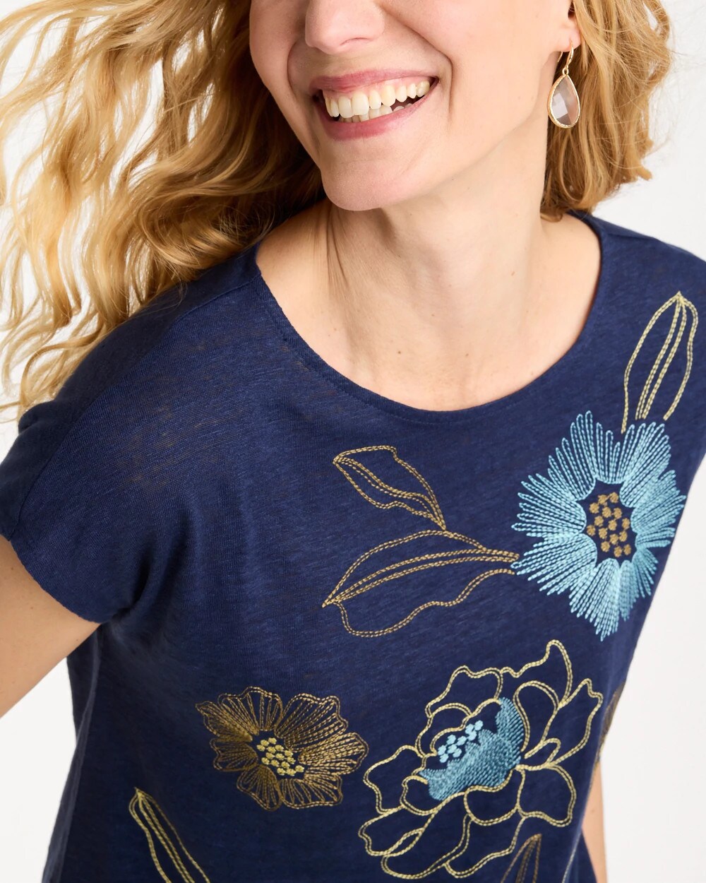 Chico's Embroidered Linen Dolman Tee Passport Blue
