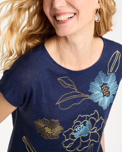 Chico's Embroidered Linen Dolman Tee Passport Blue