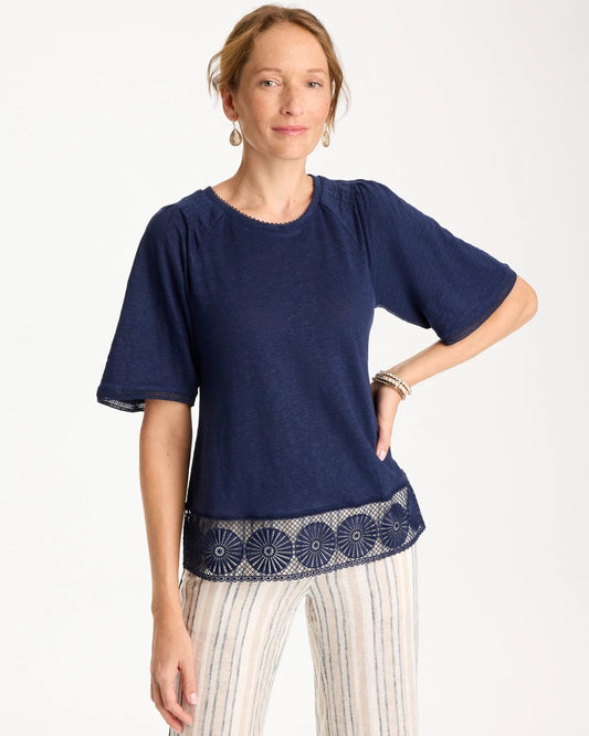 Chico's Linen Crochet Tee Passport Blue