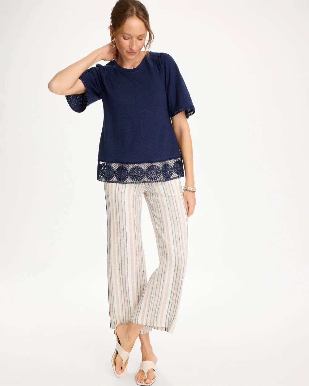 Chico's Linen Crochet Tee Passport Blue