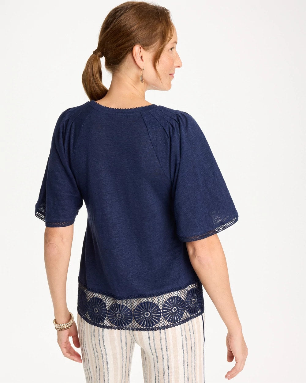 Chico's Linen Crochet Tee Passport Blue