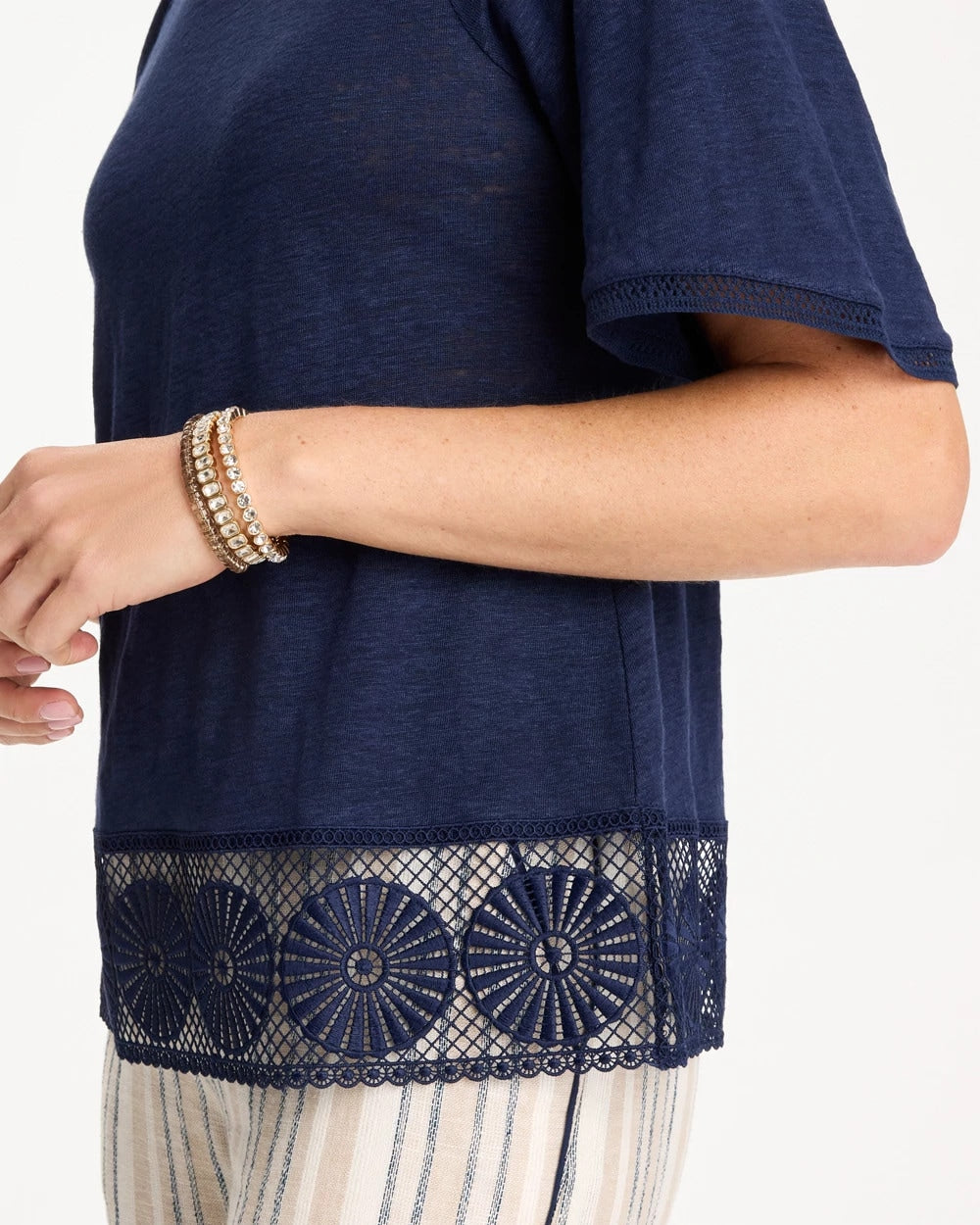 Chico's Linen Crochet Tee Passport Blue