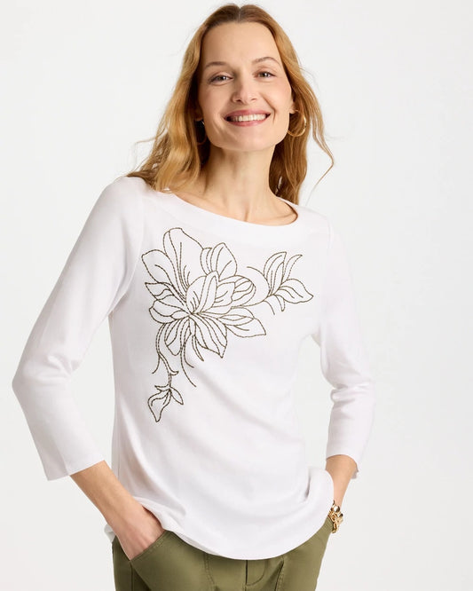 Chico's Embroidered Pima 3/4 Sleeve Tee Alabaster