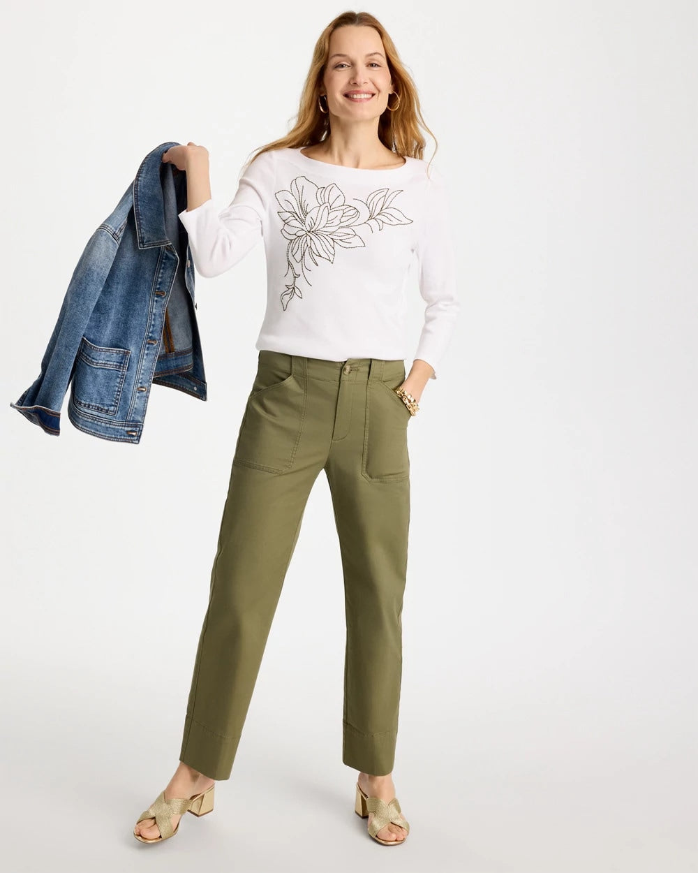 Chico's Embroidered Pima 3/4 Sleeve Tee Alabaster