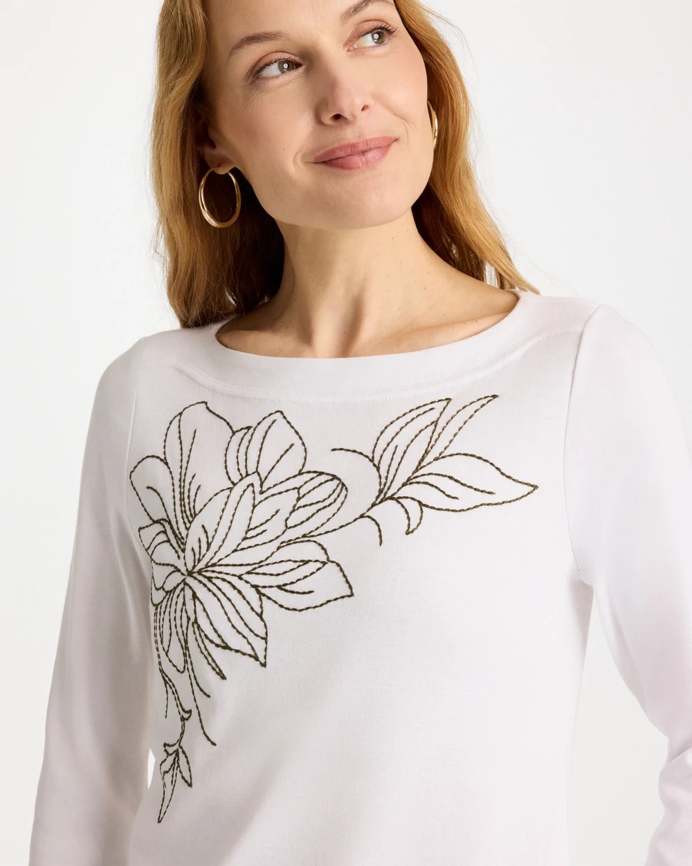 Chico's Embroidered Pima 3/4 Sleeve Tee Alabaster