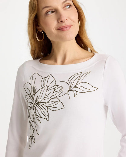 Chico's Embroidered Pima 3/4 Sleeve Tee Alabaster