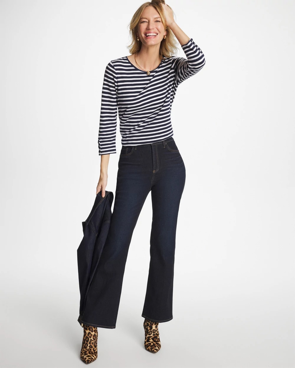 Chico's Striped Cotton Slub 3/4 Sleeve Button Tee Passport Blue