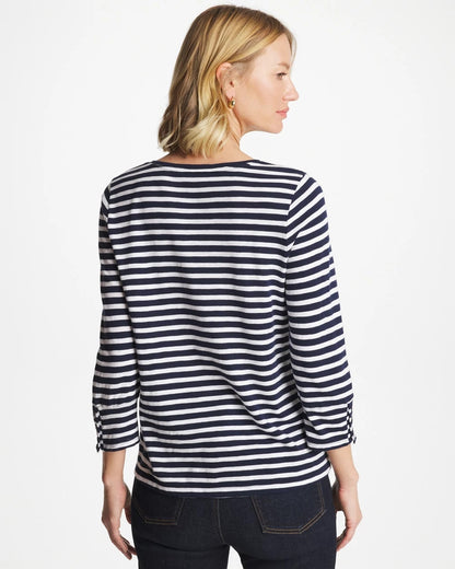 Chico's Striped Cotton Slub 3/4 Sleeve Button Tee Passport Blue