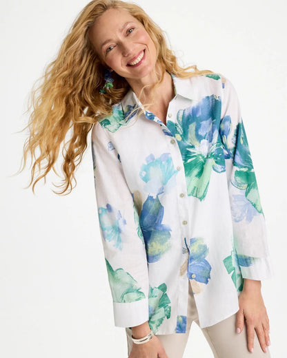 Chico's No Iron™ Printed Linen Shirt Passport Blue