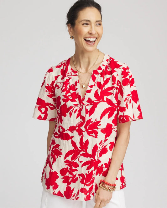 Chico's Floral Linen Popover Shirt Red Glow
