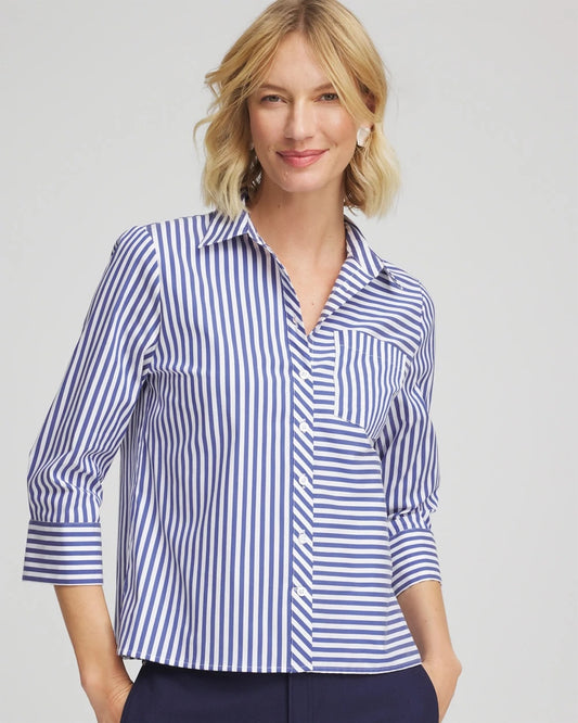 Chico's Stripe Mixing Poplin Shirt Hidden Sapphire