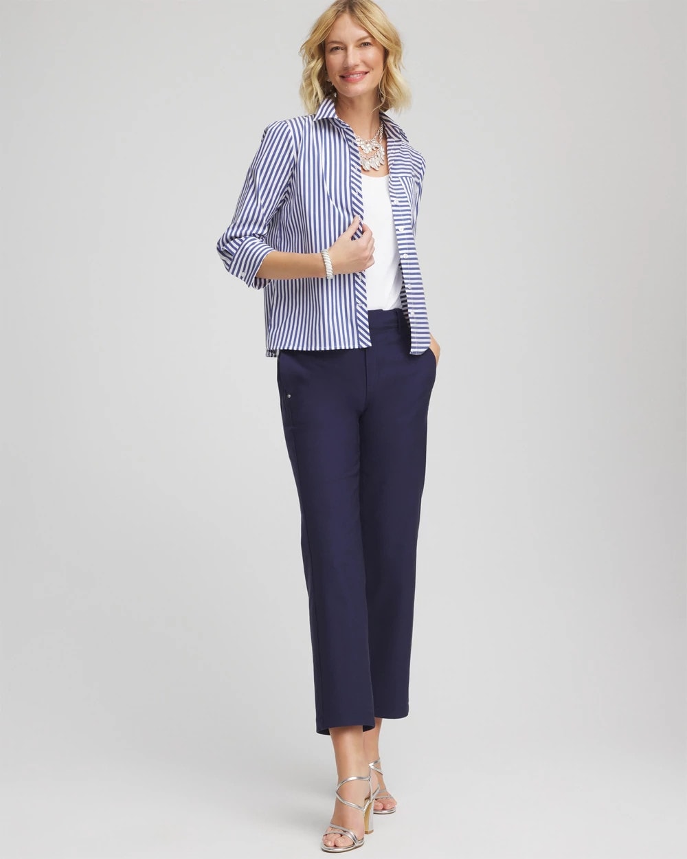 Chico's Stripe Mixing Poplin Shirt Hidden Sapphire