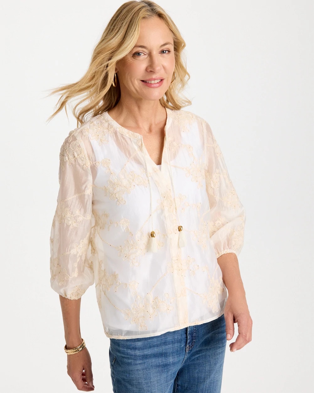 Chico's Embroidered Tassel Tie-Front Top Alabaster