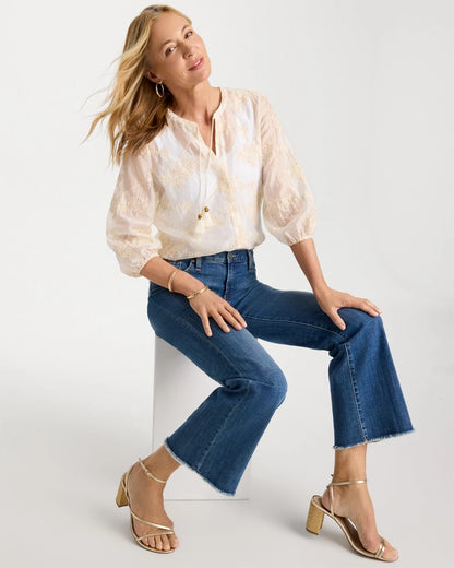 Chico's Embroidered Tassel Tie-Front Top Alabaster