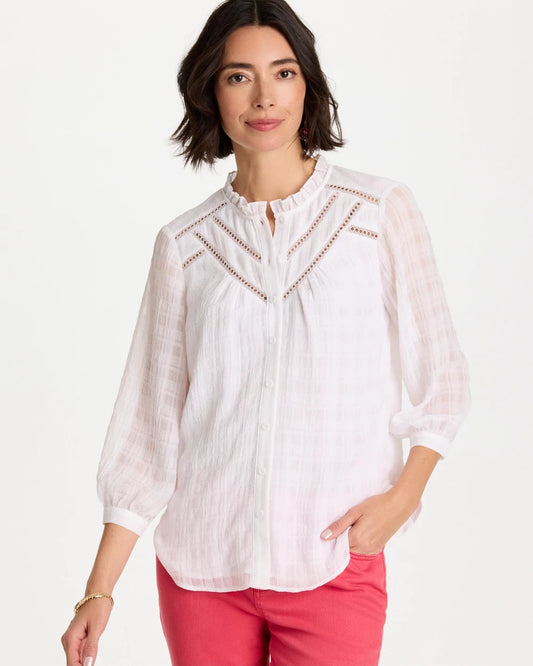 Chico's Cutwork Trim Chiffon Blouse Alabaster