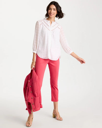 Chico's Cutwork Trim Chiffon Blouse Alabaster