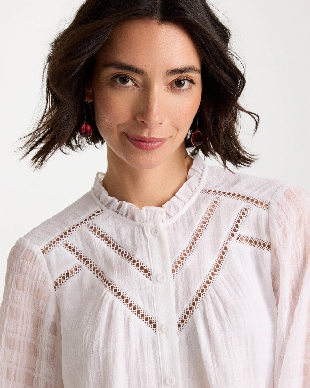 Chico's Cutwork Trim Chiffon Blouse Alabaster