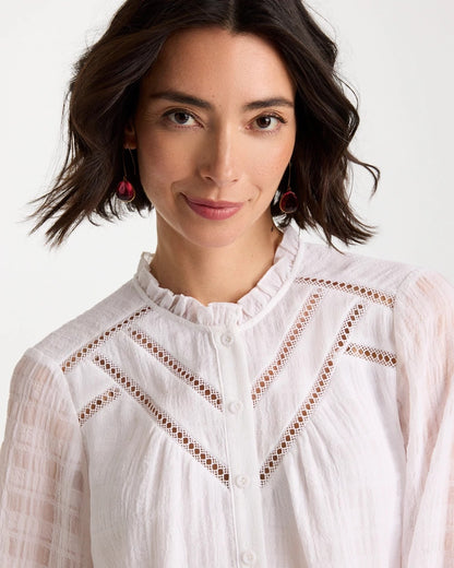 Chico's Cutwork Trim Chiffon Blouse Alabaster