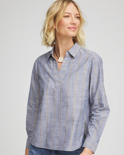 Chico's Chambray Striped Soft Popover Indigo