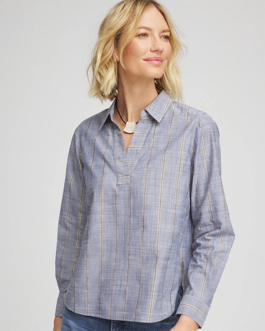 Chico's Chambray Striped Soft Popover Indigo
