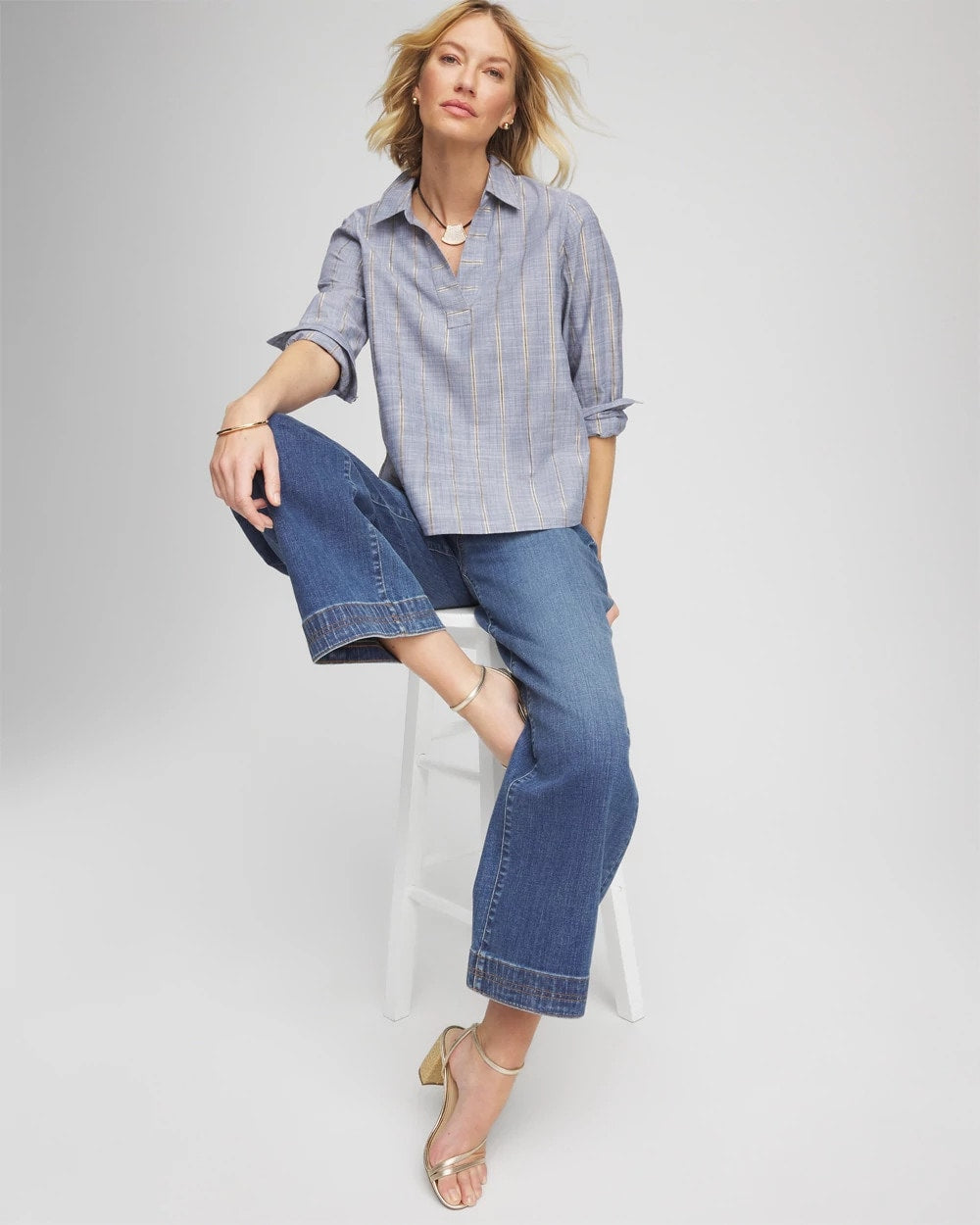 Chico's Chambray Striped Soft Popover Indigo