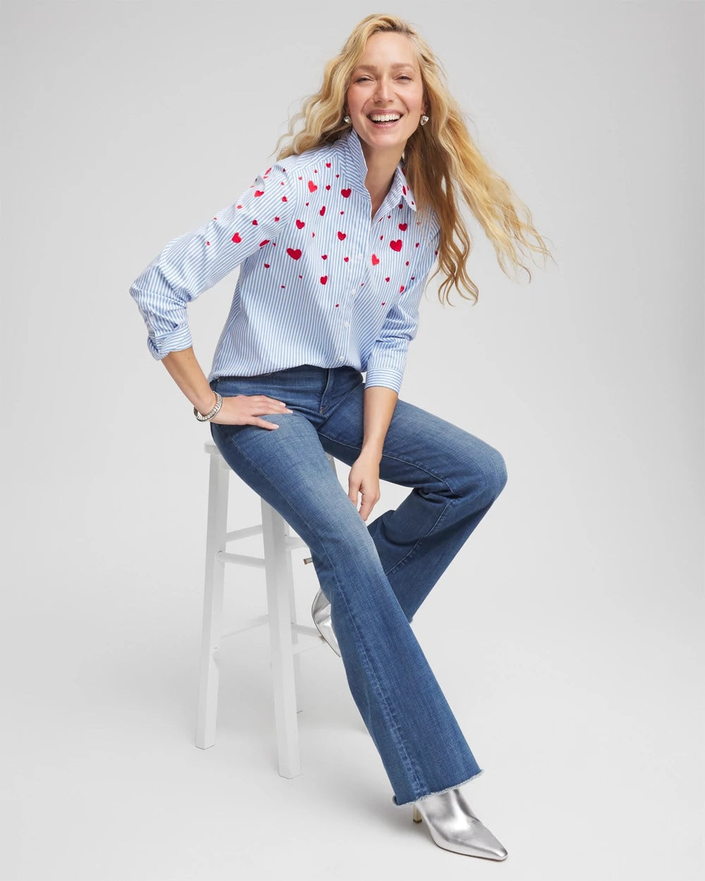 Chico's V-Day Striped Poplin Shirt Tidal Blue