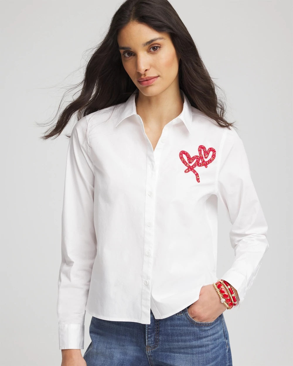 Chico's Crystal Heart Poplin Shirt Alabaster