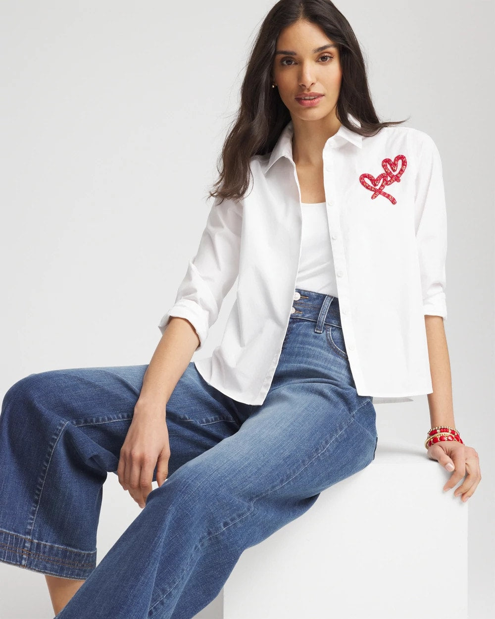 Chico's Crystal Heart Poplin Shirt Alabaster