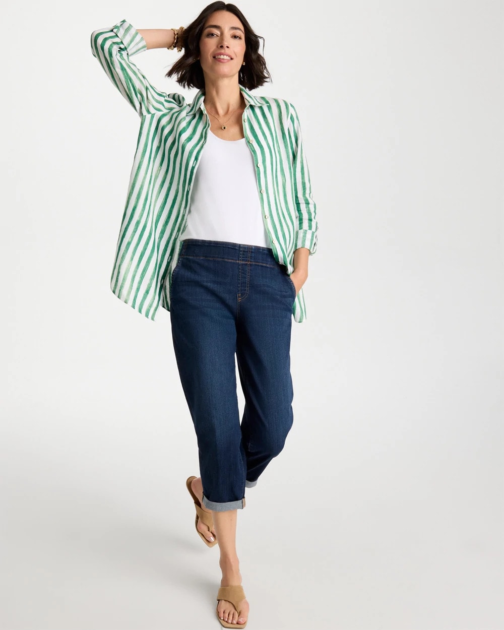 Chico's No Iron™ Striped Linen Tunic Hunter Green