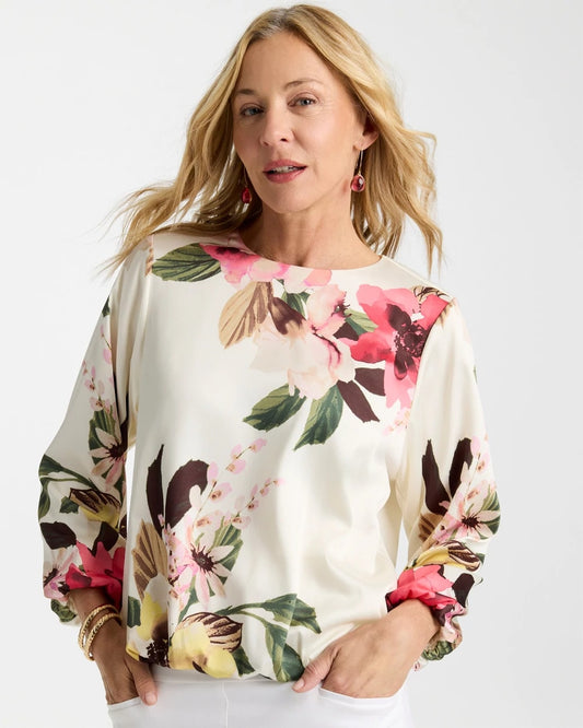 Chico's Crewneck Satin Bubble Hem Top Hot Honeysuckle