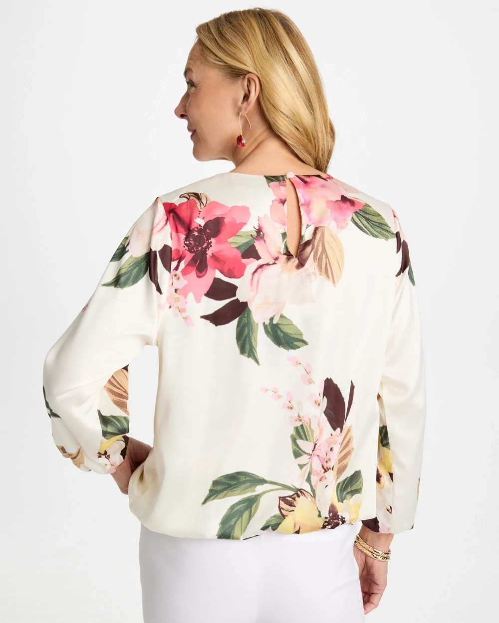 Chico's Crewneck Satin Bubble Hem Top Hot Honeysuckle