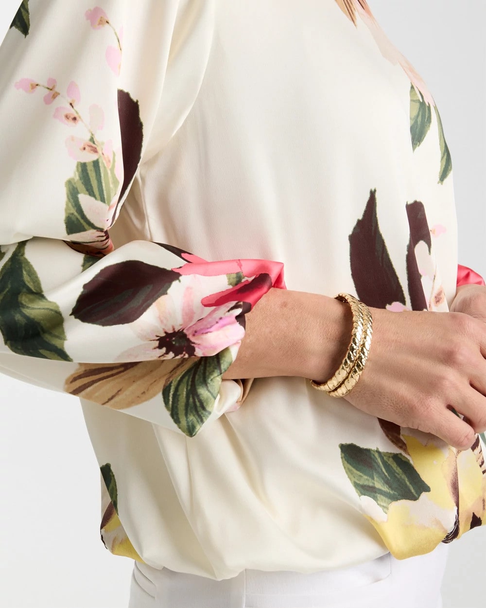 Chico's Crewneck Satin Bubble Hem Top Hot Honeysuckle