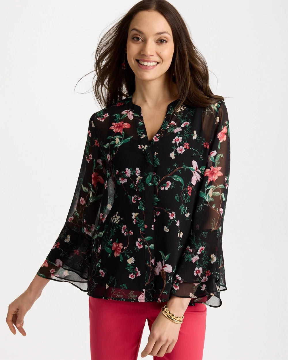 Chico's Georgette Ruffled Cuff Blouse Black