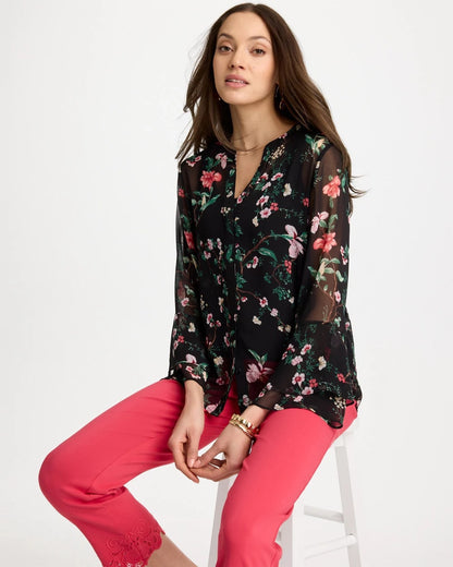 Chico's Georgette Ruffled Cuff Blouse Black
